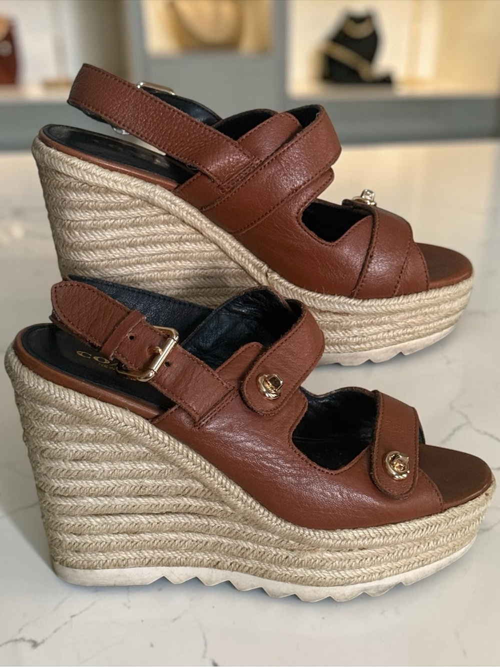 Coach Cognac Brown Leather Espadrille Platform Wedge Sandals! Size 6